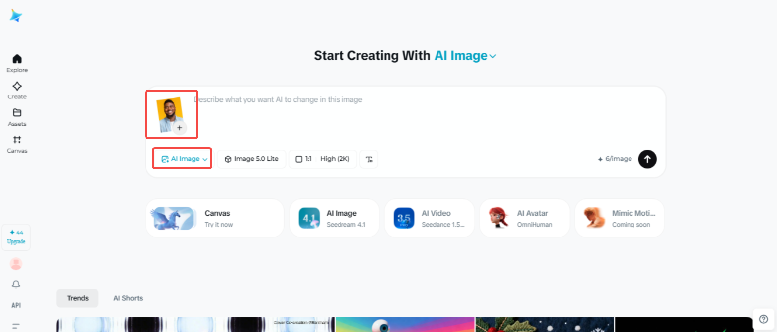 Accessing the "AI Image" feature in Dreamina
