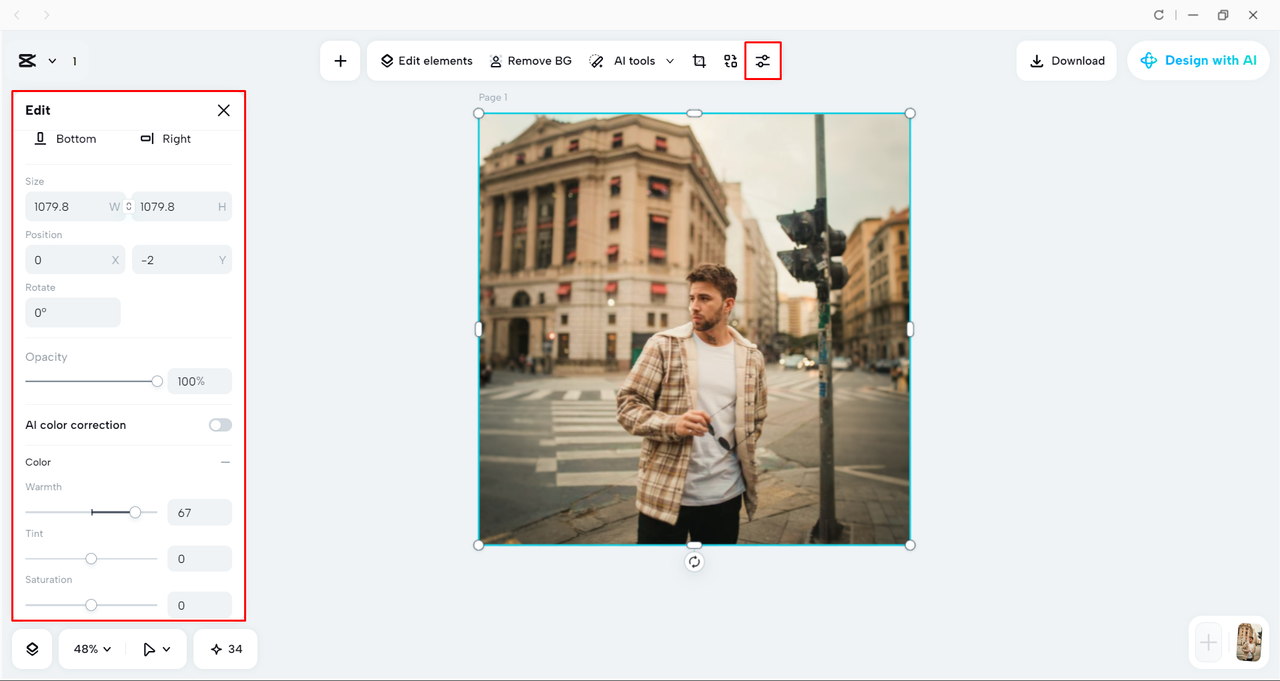 Editing the expanded image with AI in the CapCut desktop video editor 