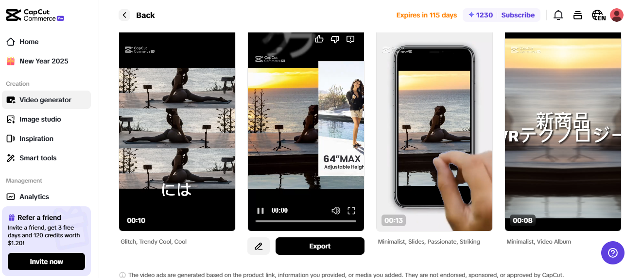 Pippit předvádí šablony videí pro vytvoření eCommerce webu s přizpůsobitelným marketingovým obsahem.