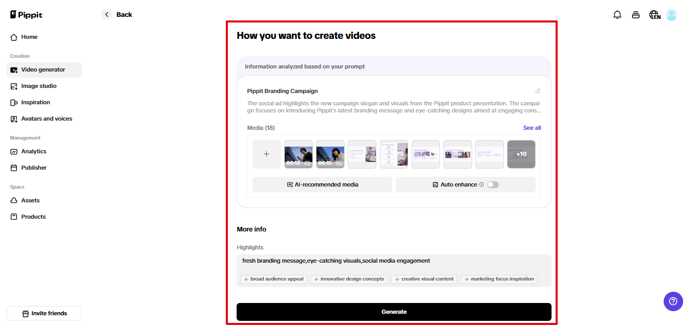 Generating video in Pippit