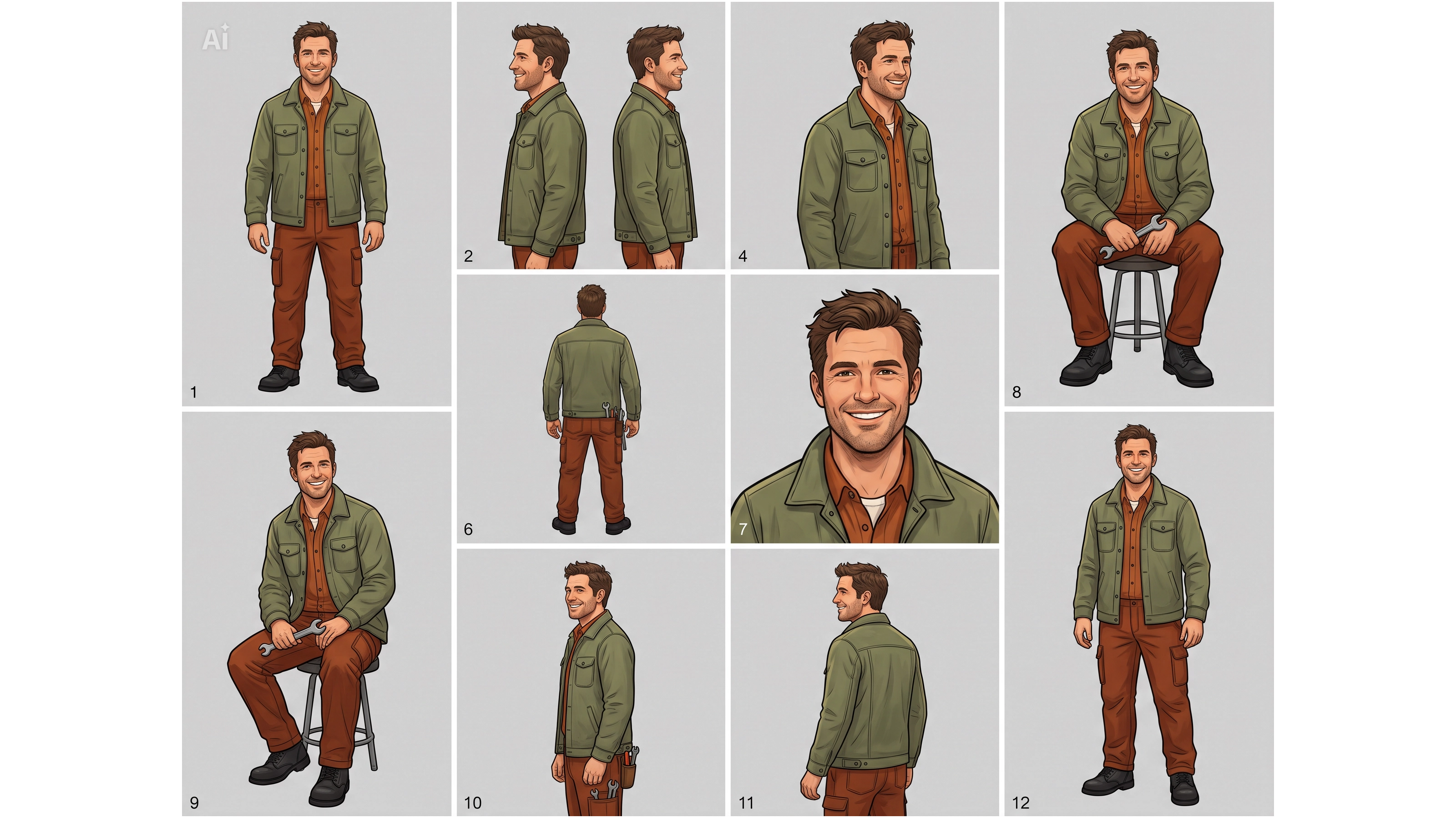 CapCut-generated fictional adult bicycle mechanic lookbook with visible AI marker