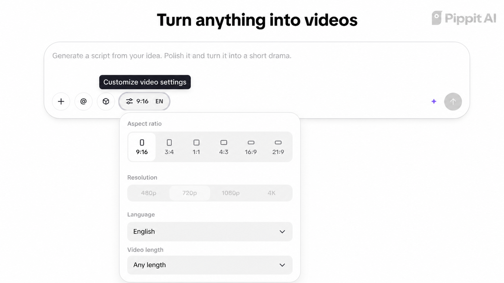 Video settings panel with aspect ratio options, including 9:16 selected
