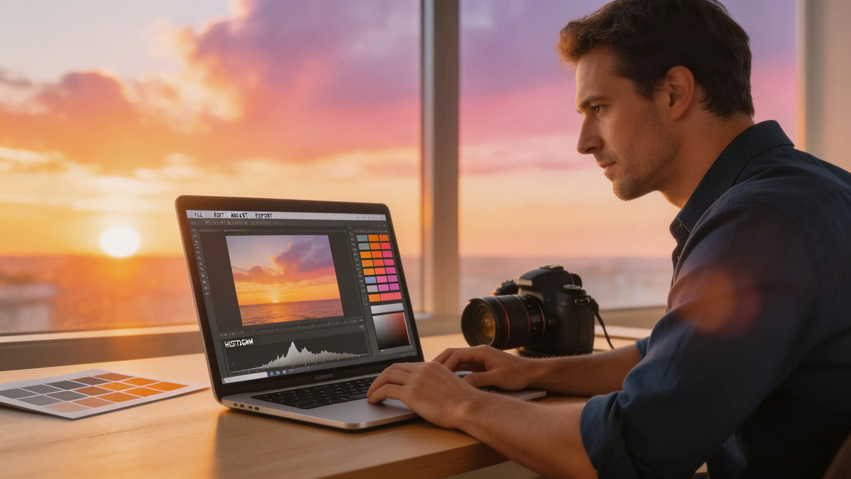 Editing a RAW golden hour photo on a laptop