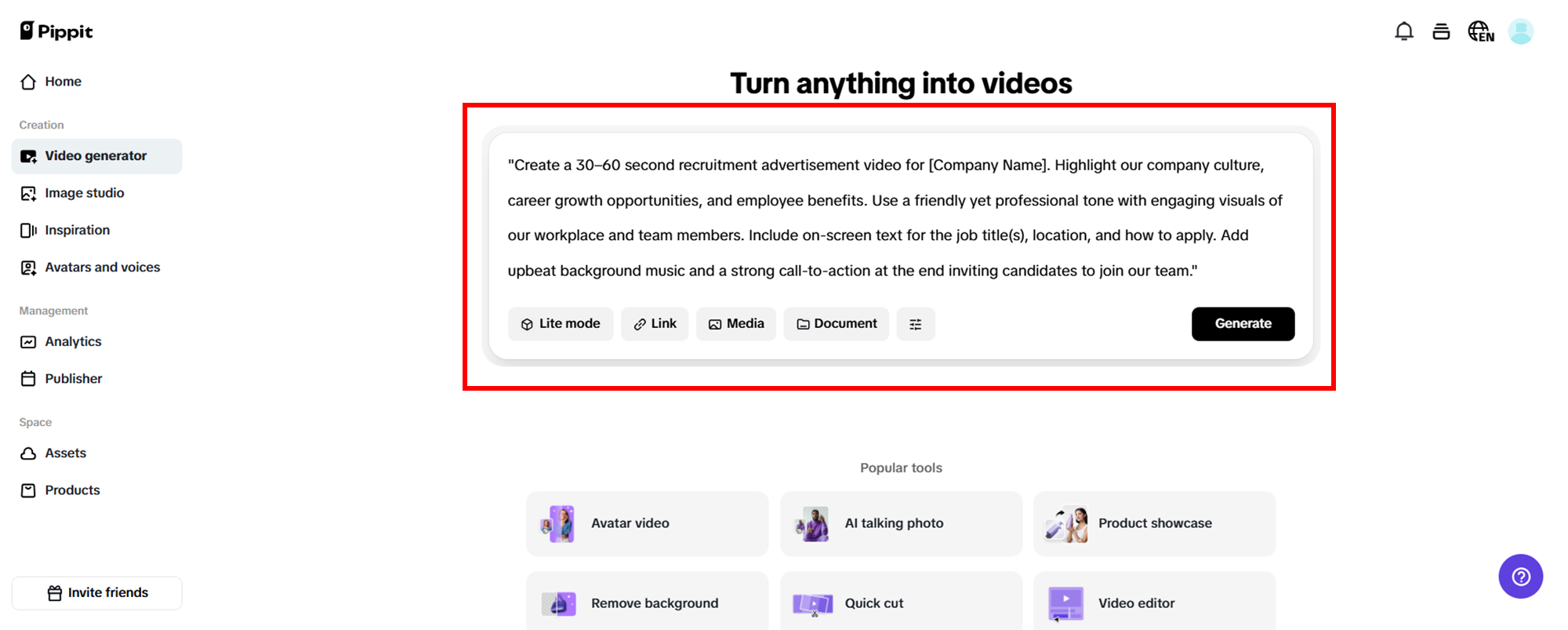 Comece com URL, prompt e fotos