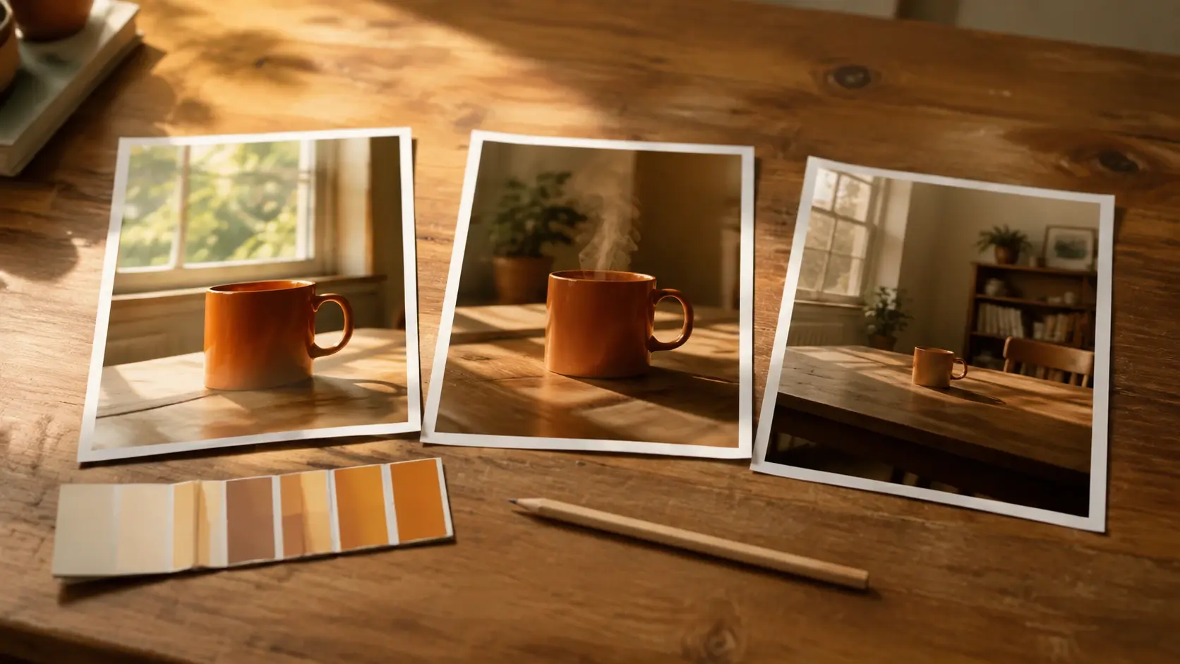 Three physical photo proofs of the same orange mug for planning connected scenes