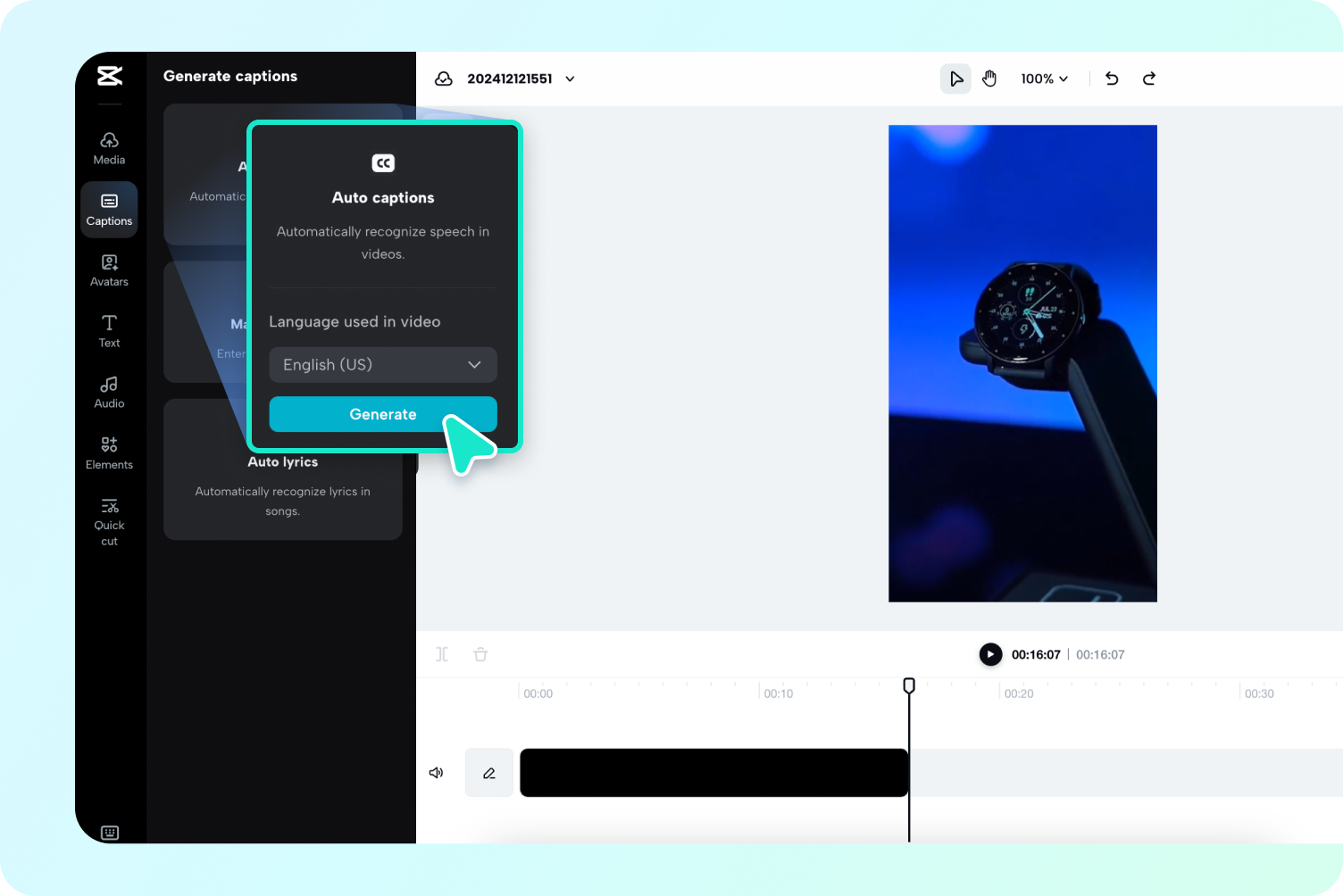 description=Pippit's video editor showing a video on the timeline with the 'Auto captions' button highlighted.