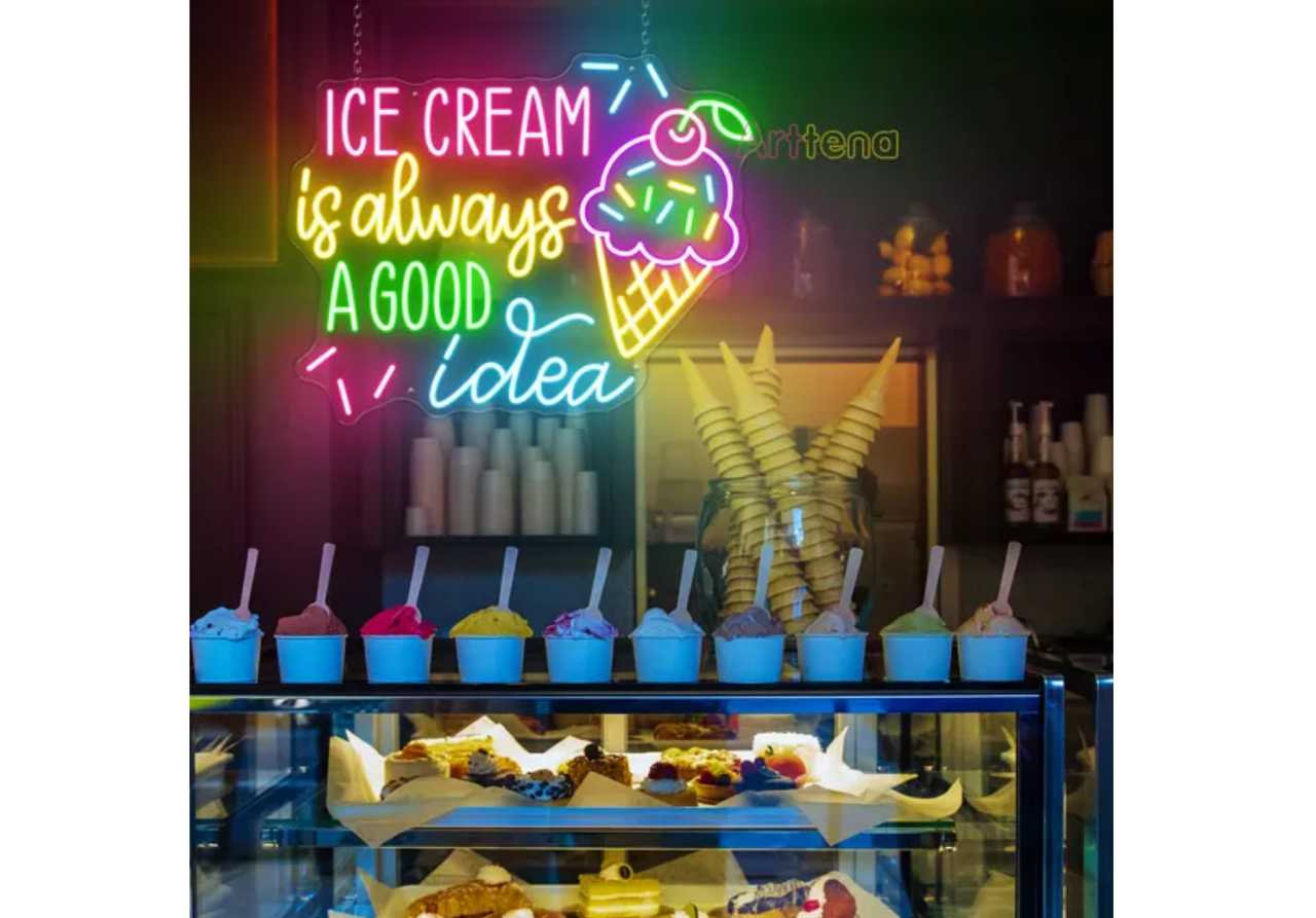 Colorful ice cream shop with neon lights and murals