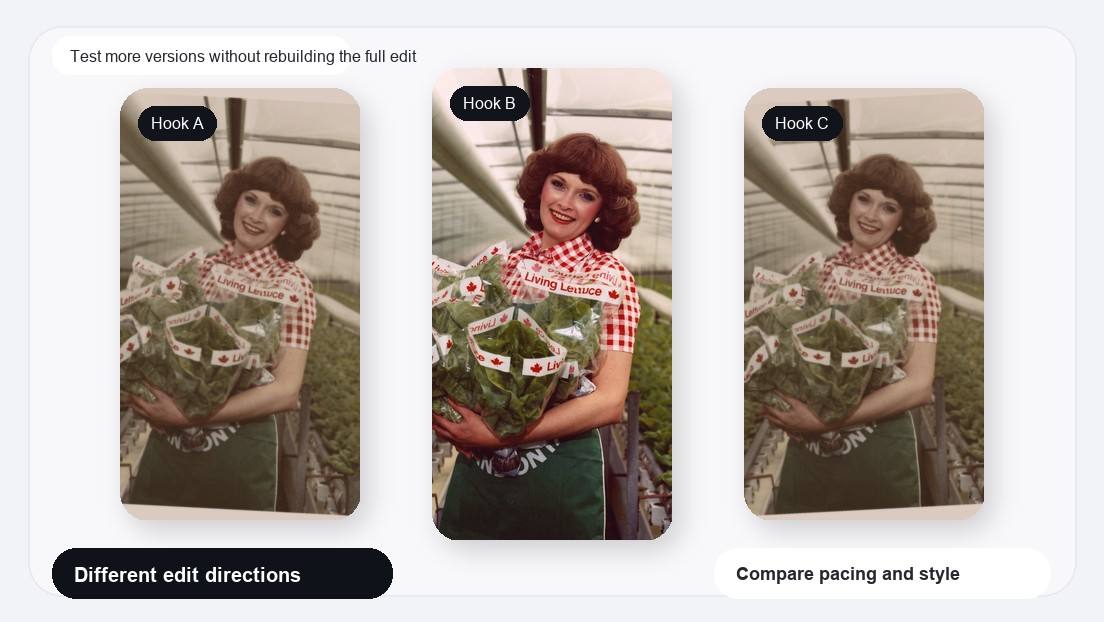 Imej realistik Pembuat Video Teaser Produk "Tap To Reveal" untuk menguji lebih banyak versi tanpa perlu membina semula penyuntingan sepenuhnya.