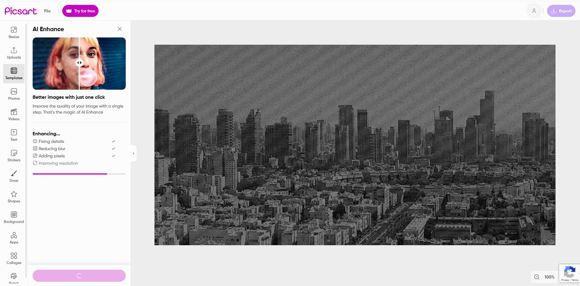 Schnittstelle von Picsart - das beste Online-Tool zum Entfernen von Körnern aus Fotos