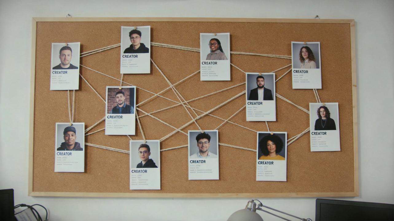 Polaroid creator cards linked by strings on a corkboard