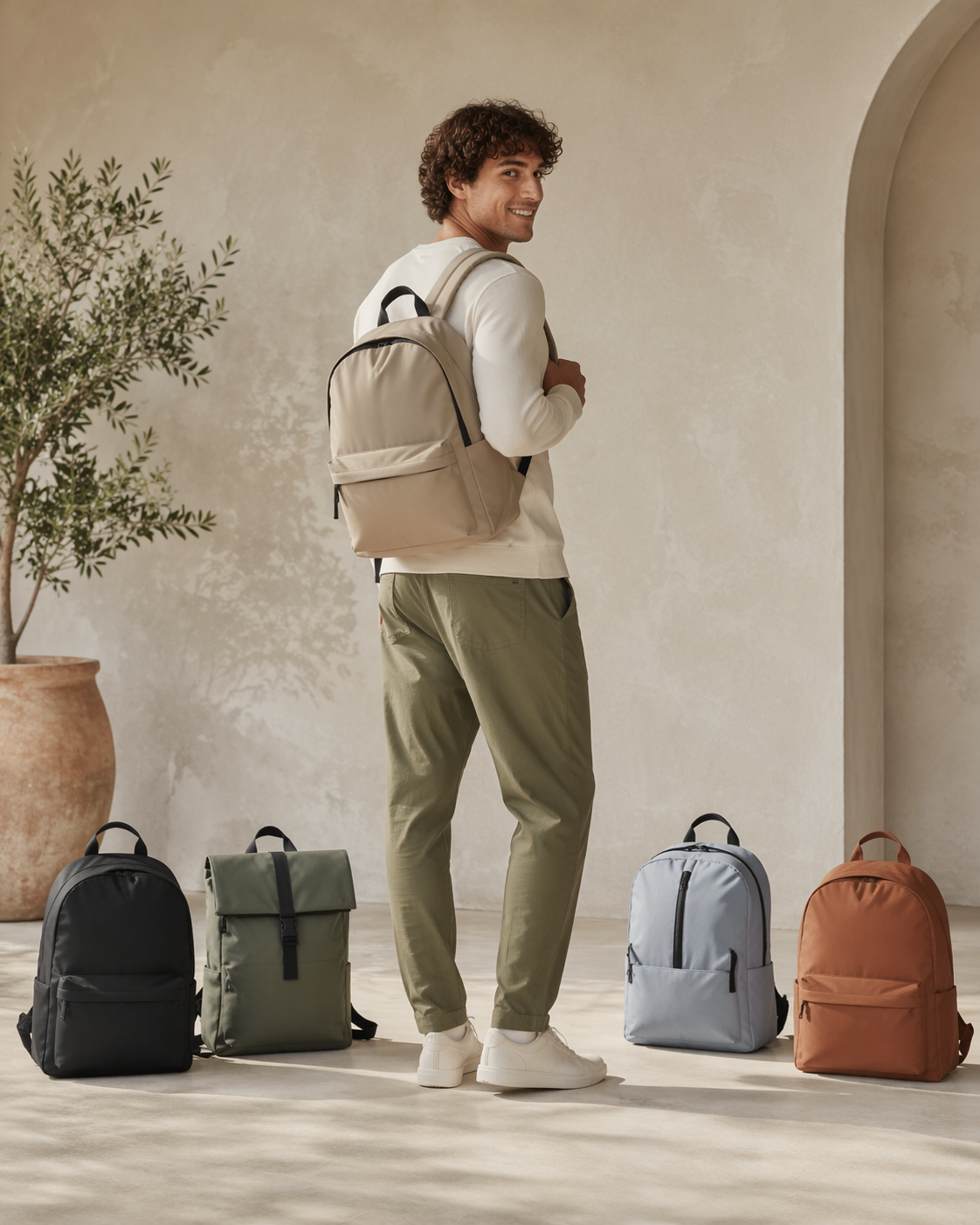 Dreamina virtual backpack try on prompt example 1: campus backpack try-on
