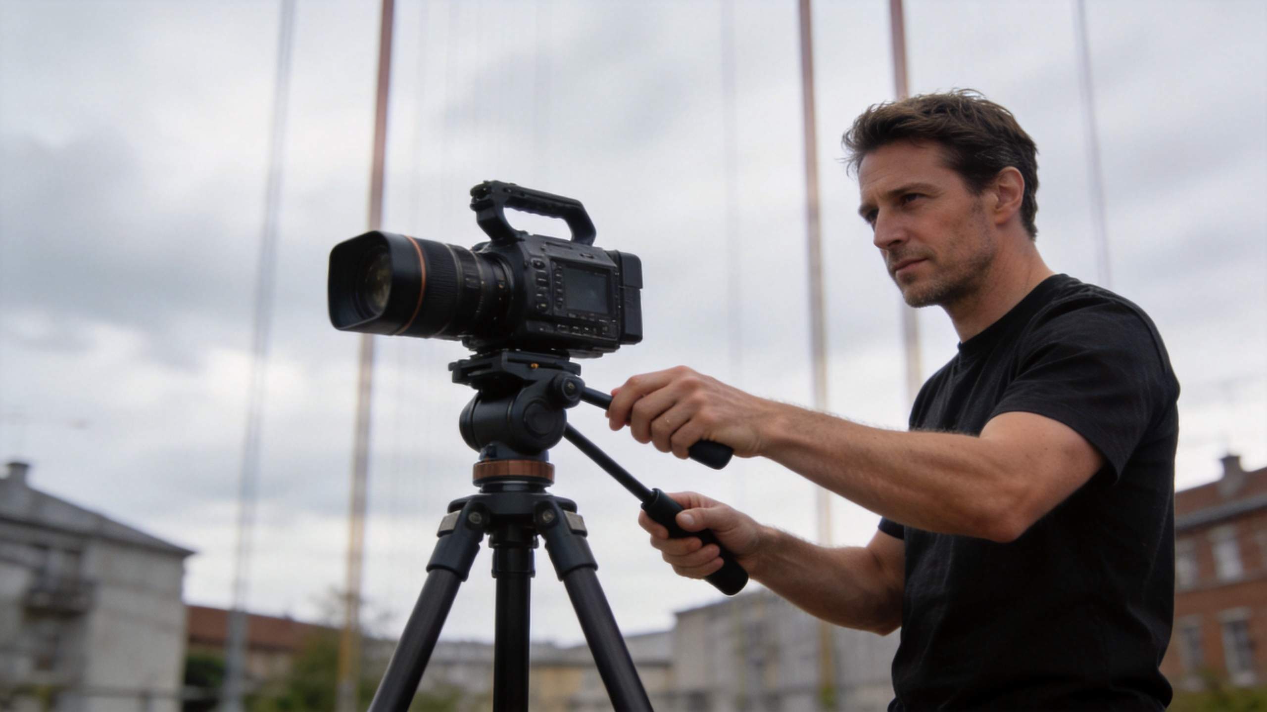 Man adjusting a camera on a tripod outdoors