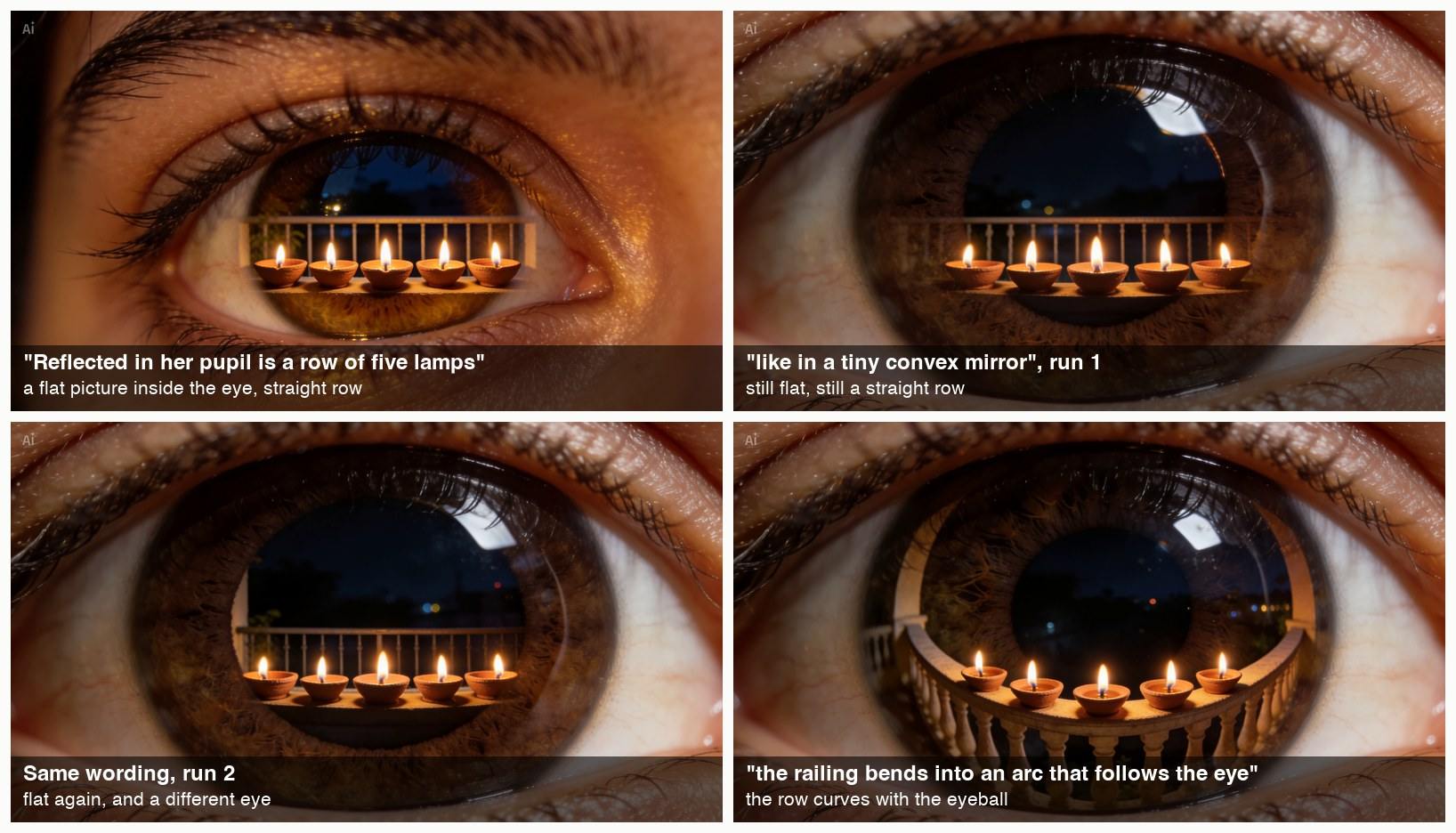 Four extreme close-ups of an eye with five lamps in the pupil: three show a straight railing like a picture placed in the eye, and one shows the railing bent into an arc along the eye.