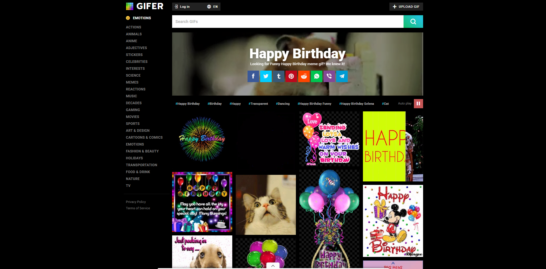 Interface do Gifer - um bom recurso para GIFs engraçados de aniversário gratuitos