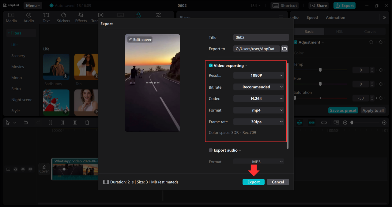 CapCut desktop interface showing AI enhancement and export options