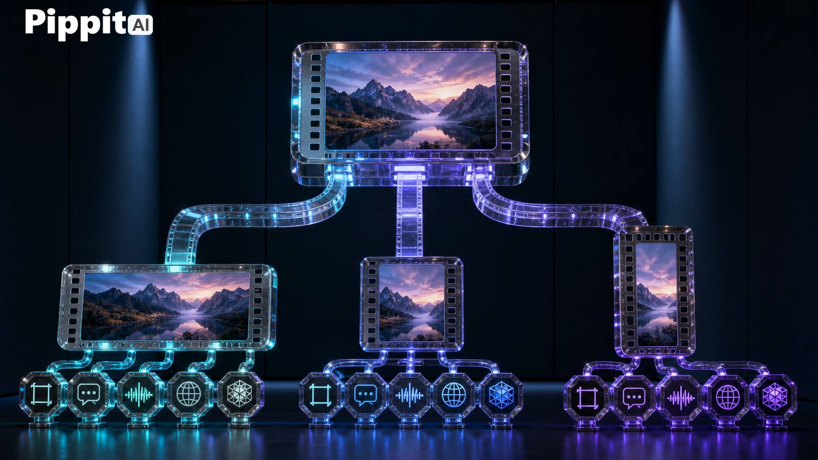 Three connected film frames show the same mountain lake scene, with glowing workflow icons below.
