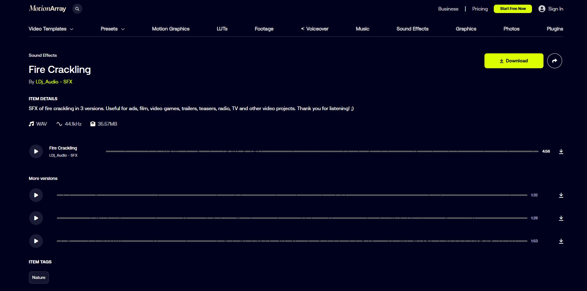 Interface de Motion Array - un outil idéal pour obtenir des effets sonores crépitants