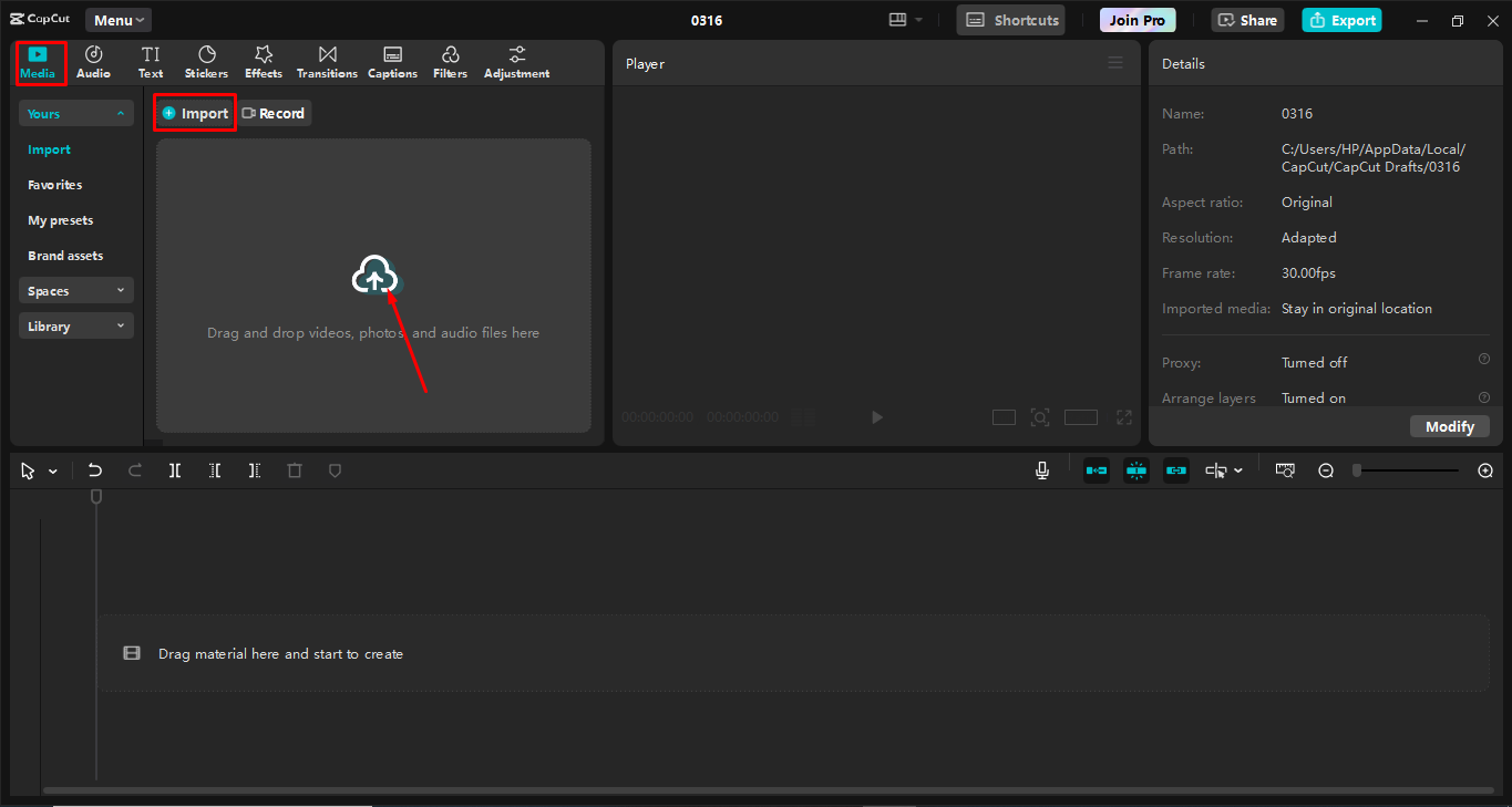 Import video in the editing interface of CapCut desktop video editor