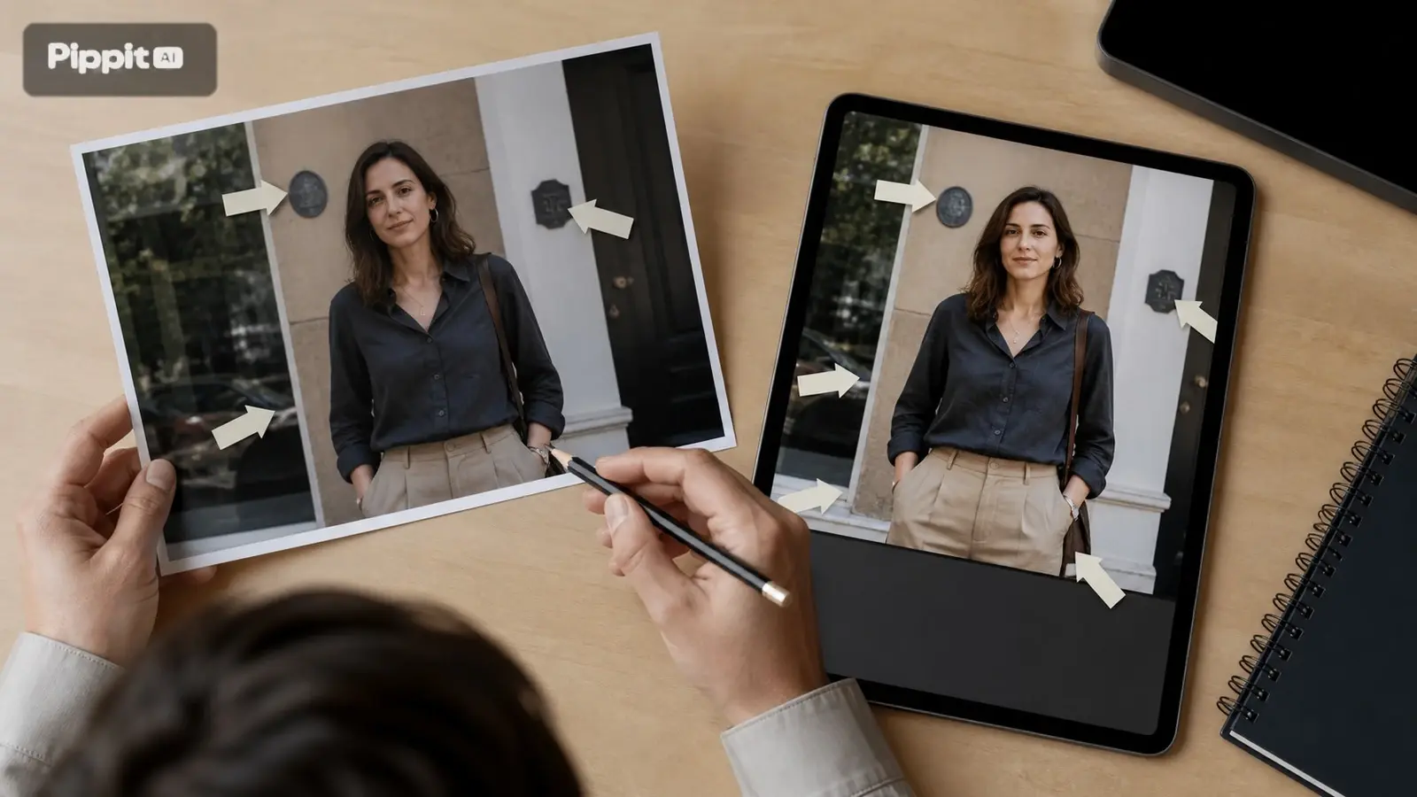Le mani confrontano una foto stampata e il display di un tablet con frecce che indicano i dettagli sulla privacy