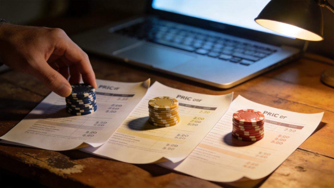 Hand placing poker chips on printed price sheets beside a laptop