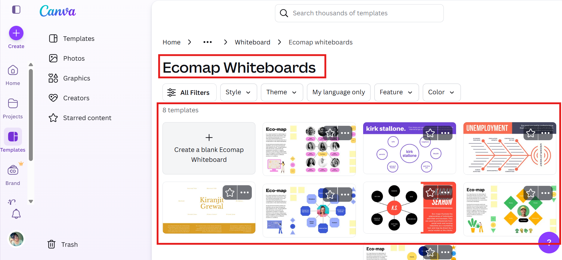 Navega por la plantilla de ecomaps en Canva