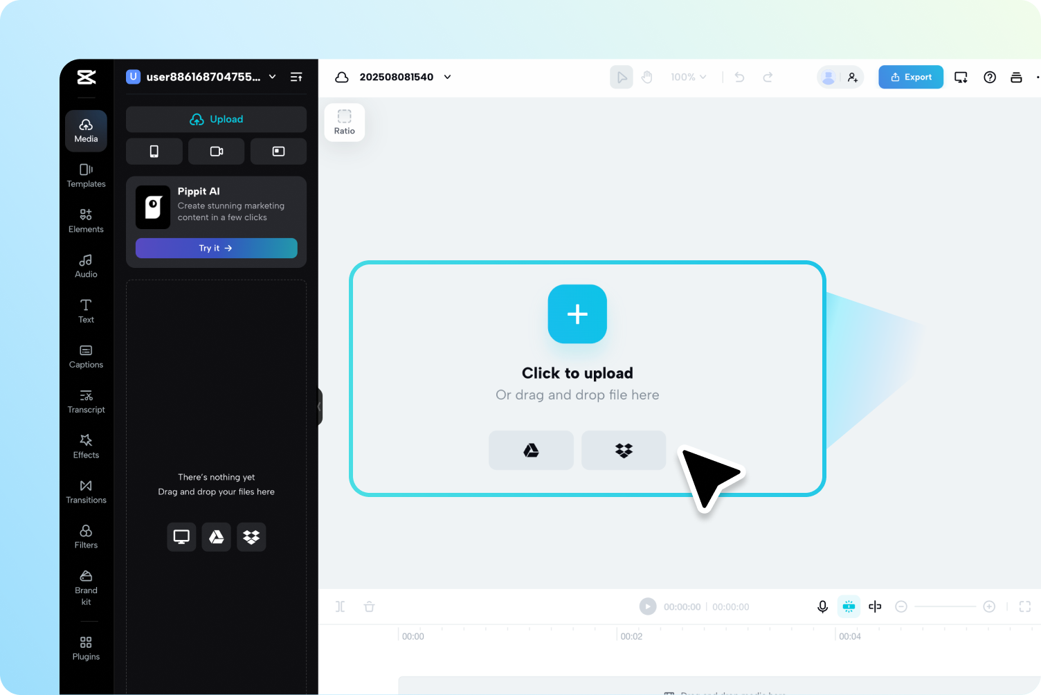 CapCut Web의 AI 자막 생성기에 동영상을 업로드하기