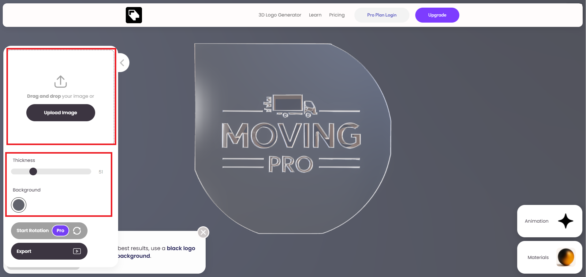 Upload your 2D logo and adjust settings