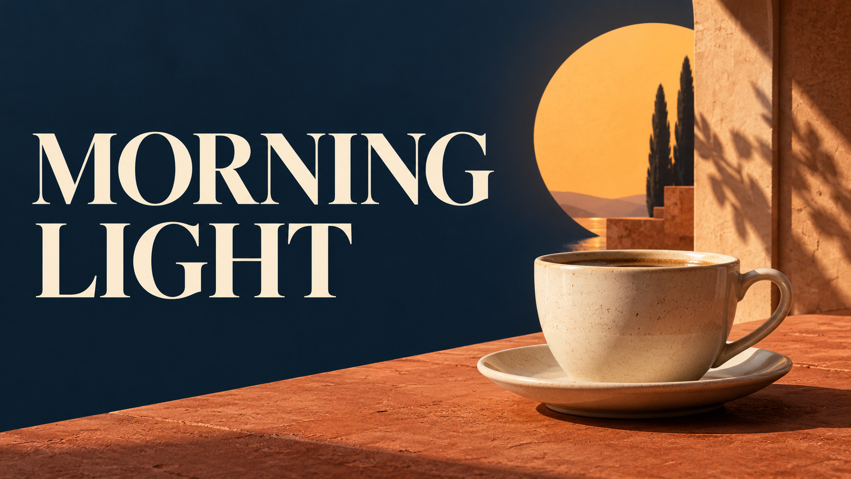 Mattina Luce poster con tipografia avorio e una tazza di ceramica su terracotta