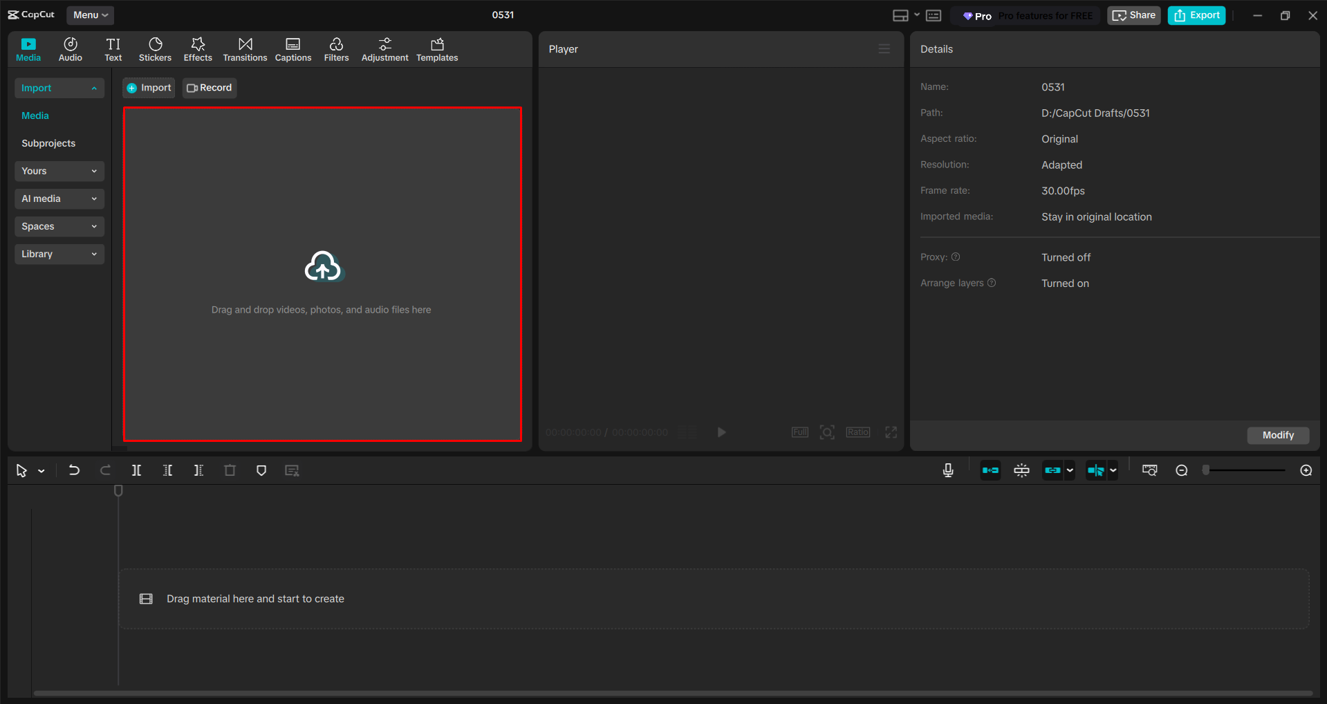 Importazione di un video nell' CapCut editor video desktop