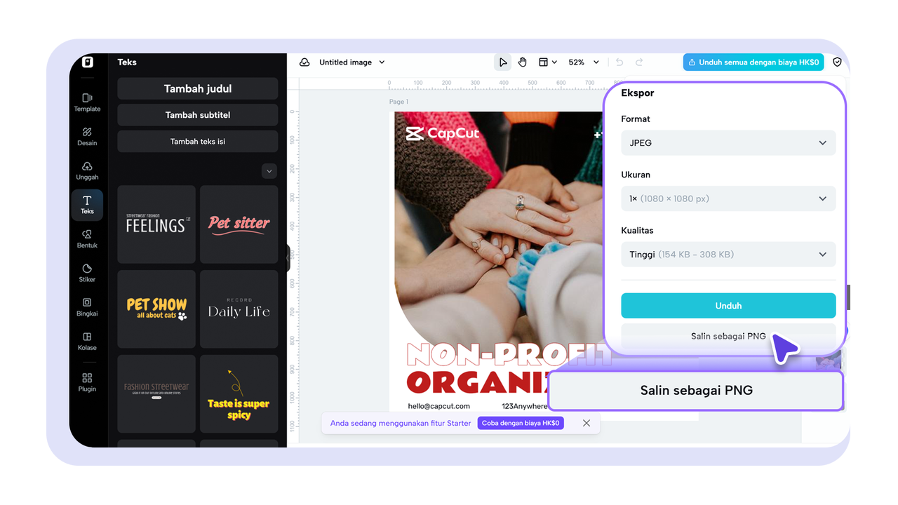 Gunakan alat untuk melakukan penyesuaian terakhir pada undangan digital, kemudian unduh dan cetak.