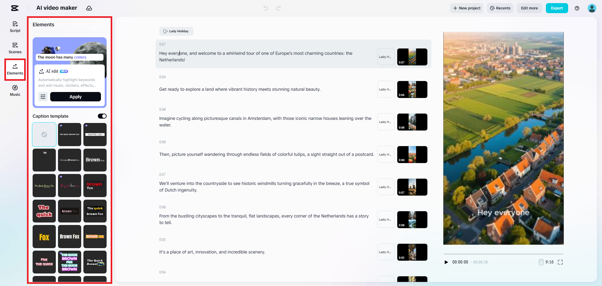 Select the elements you want to appear in your video