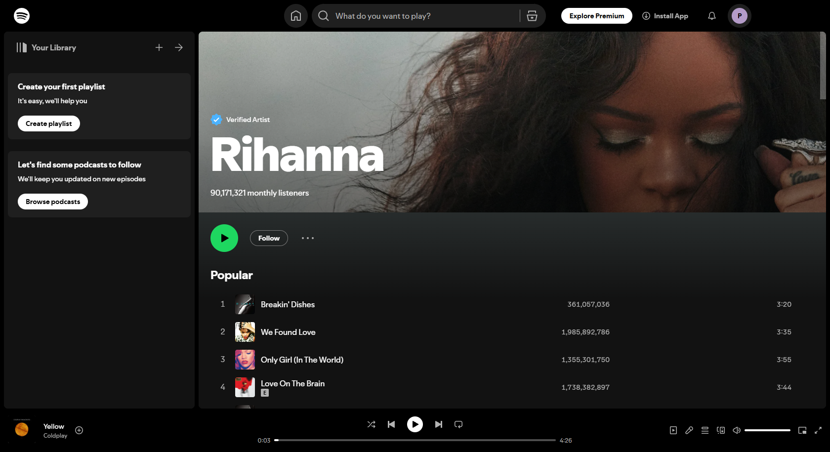 Rihanna Spotify gränssnitt