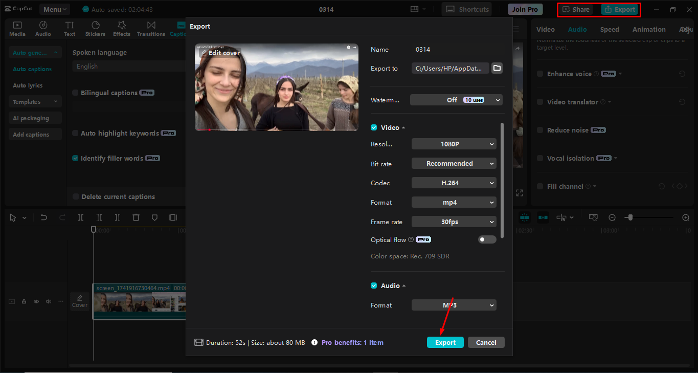 Exporting the video from the CapCut desktop video editor