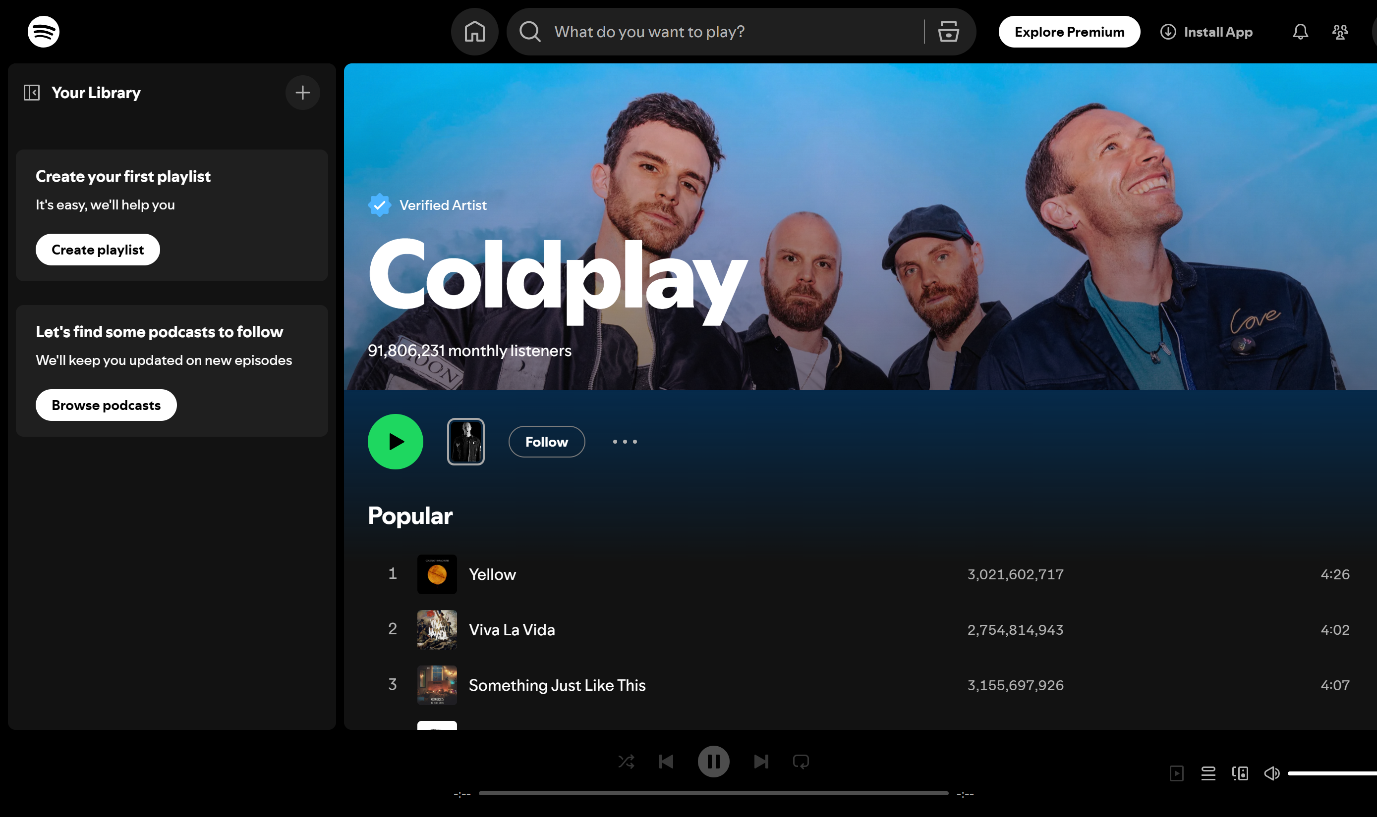 Coldplay - mest lyssnade på Spotify-artister kända för rockljud