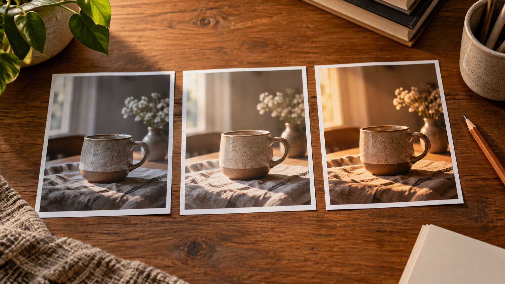 Three physical photographic proof prints of a cup scene with one controlled lighting change