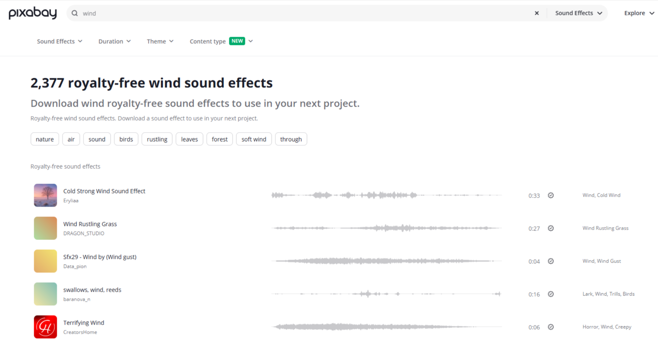 Interface of Pixabay - a quick way to get free wind sound effects