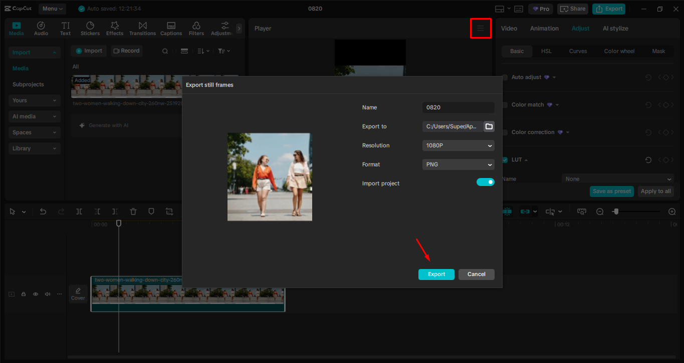 Exporting an image from the CapCut desktop video editor