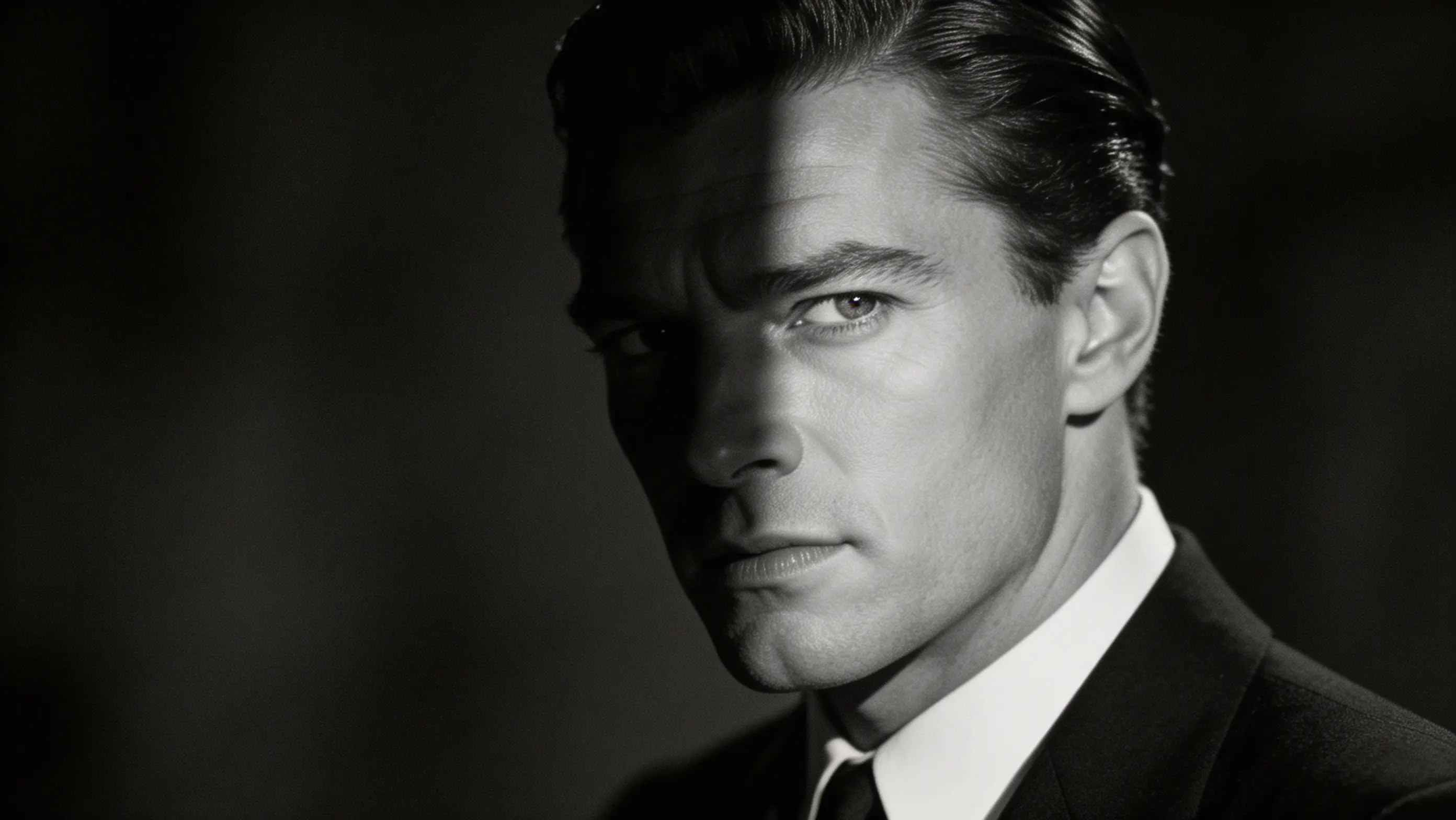 Portret alb-negru cu iluminare divizată în stil hollywoodian