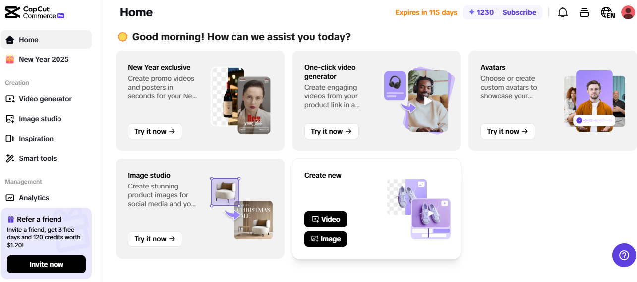 Dashboard home di Pippit che mostra strumenti come generatore di video, studio di immagini e avatar per la creazione di negozi online.