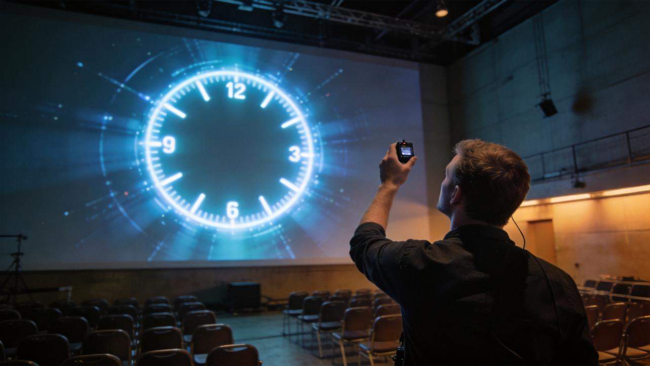 Man filming a glowing clock countdown on a large theater screen