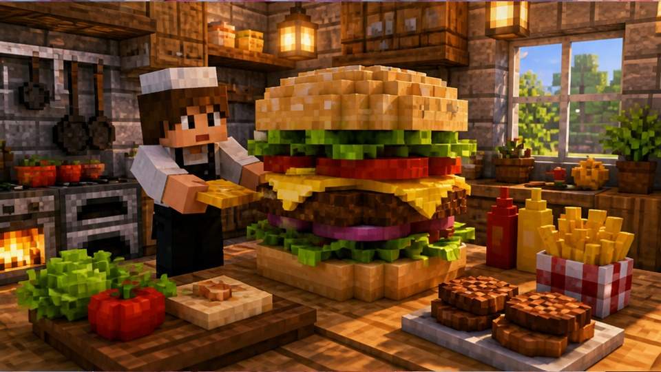 Trendy Minecraft Food Prompts — a pixel-art kitchen preparing a trending dish