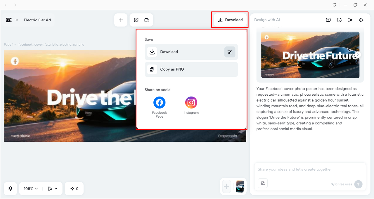 Exporting the Facebook cover photo from the CapCut desktop video editor