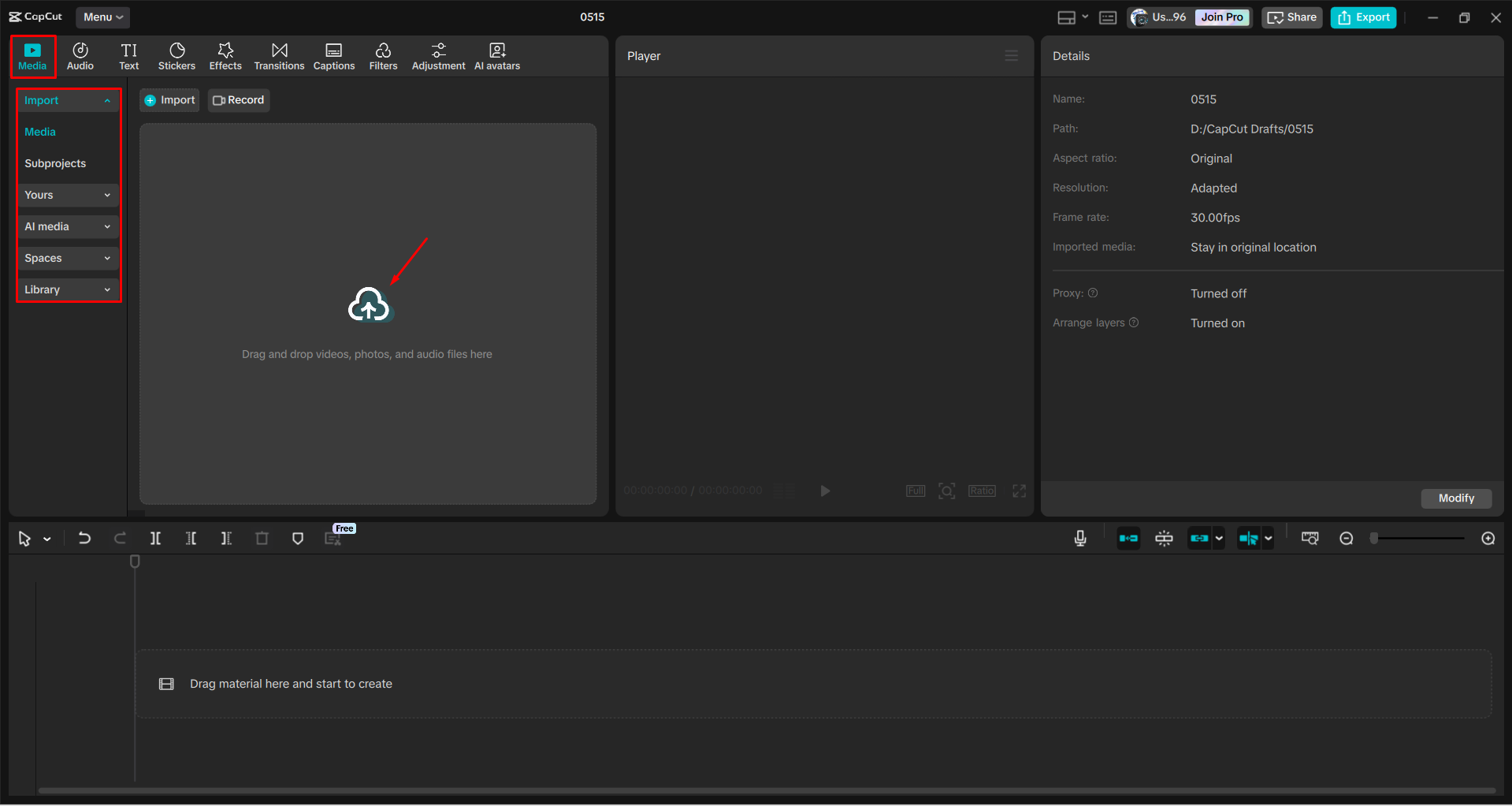 Importing a video into the CapCut desktop video editor