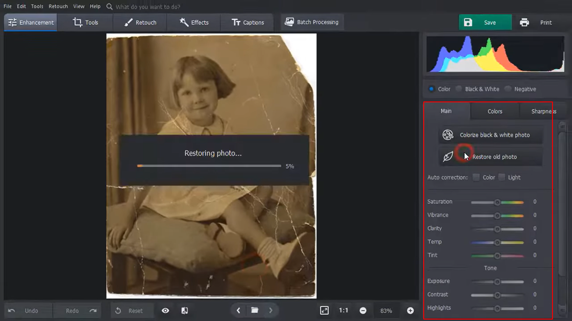 Showing how to restore old images with PhotoGlory