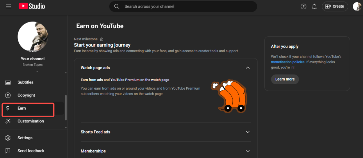 YouTube Earn interface