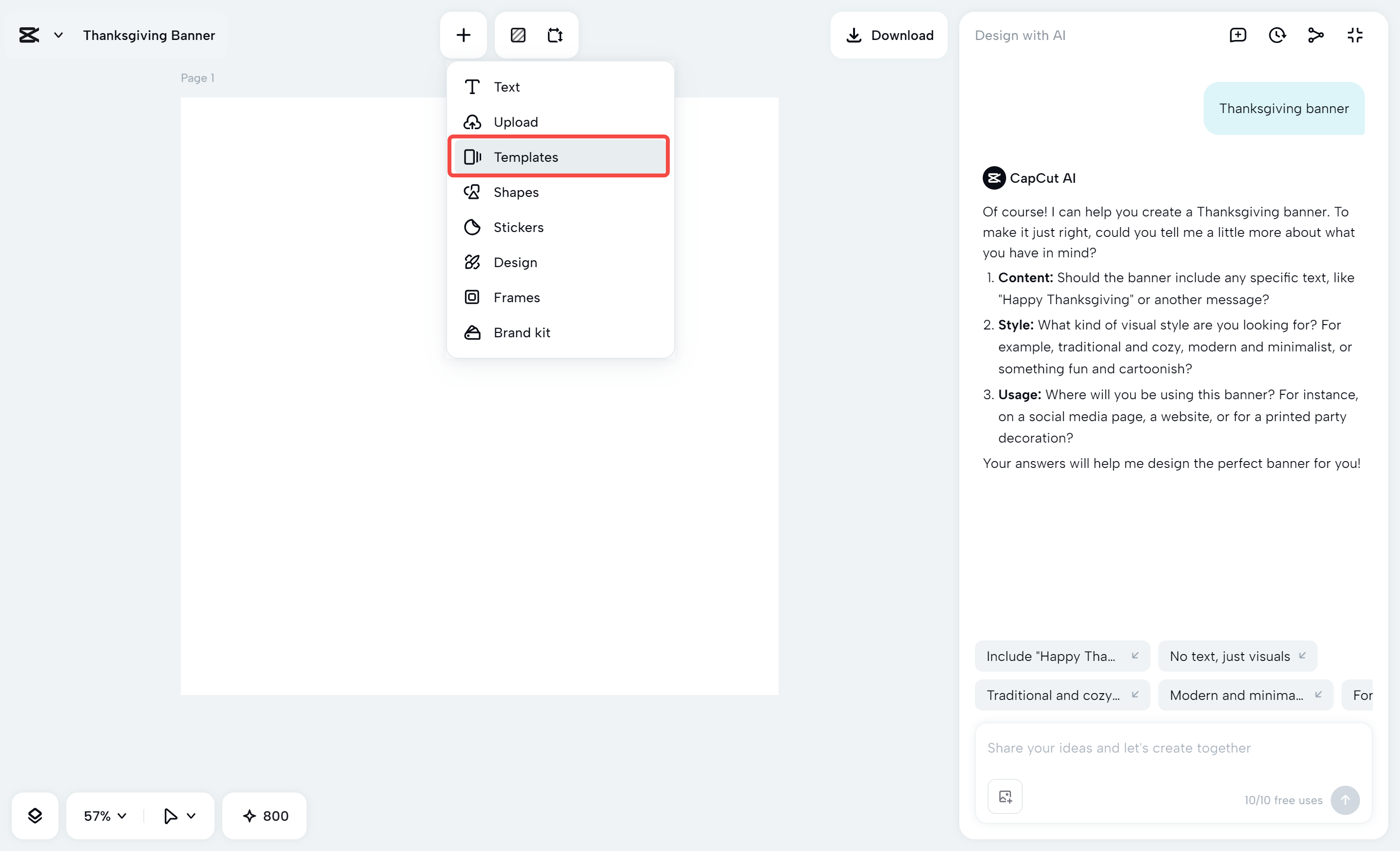 Opening the template section in the CapCut desktop video editor