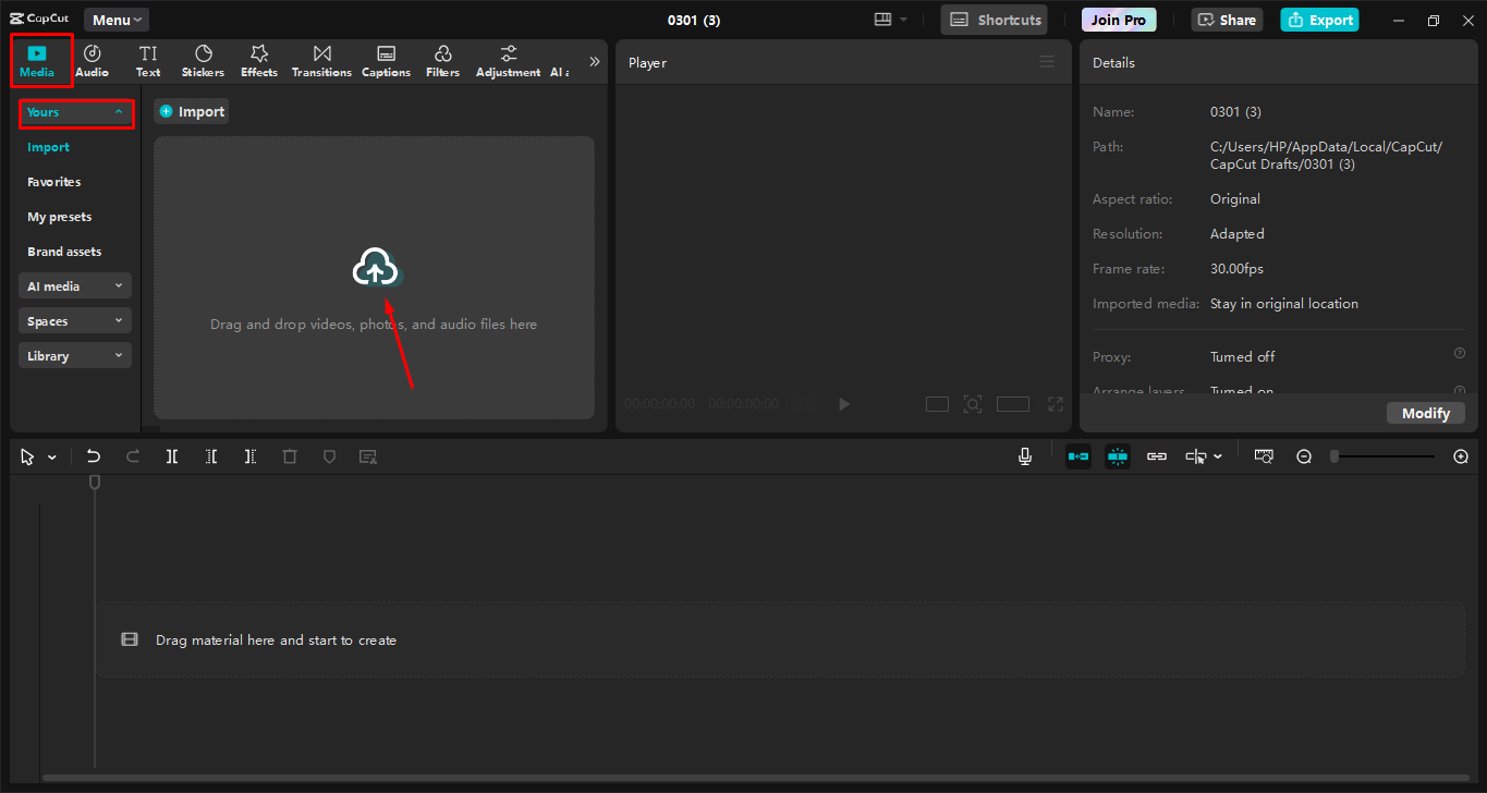 Importing video in CapCut desktop video editor