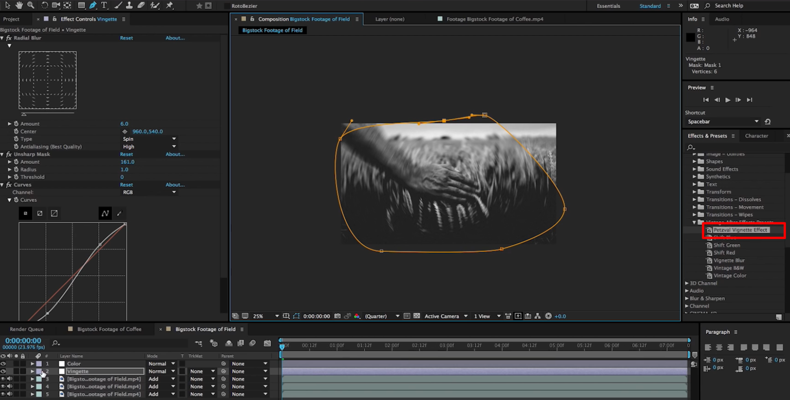 Adding vintage color and vignette to create a vintage effect in After Effects