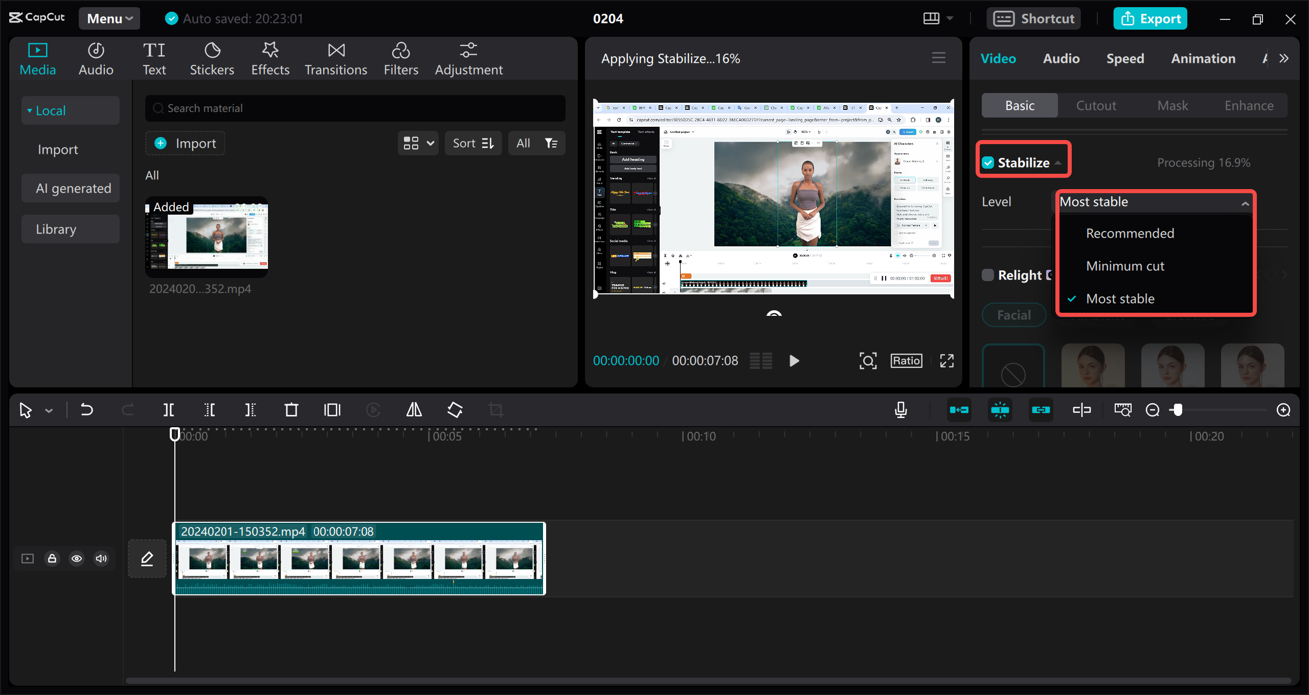 Apply stabilization in the "Basic" settings
