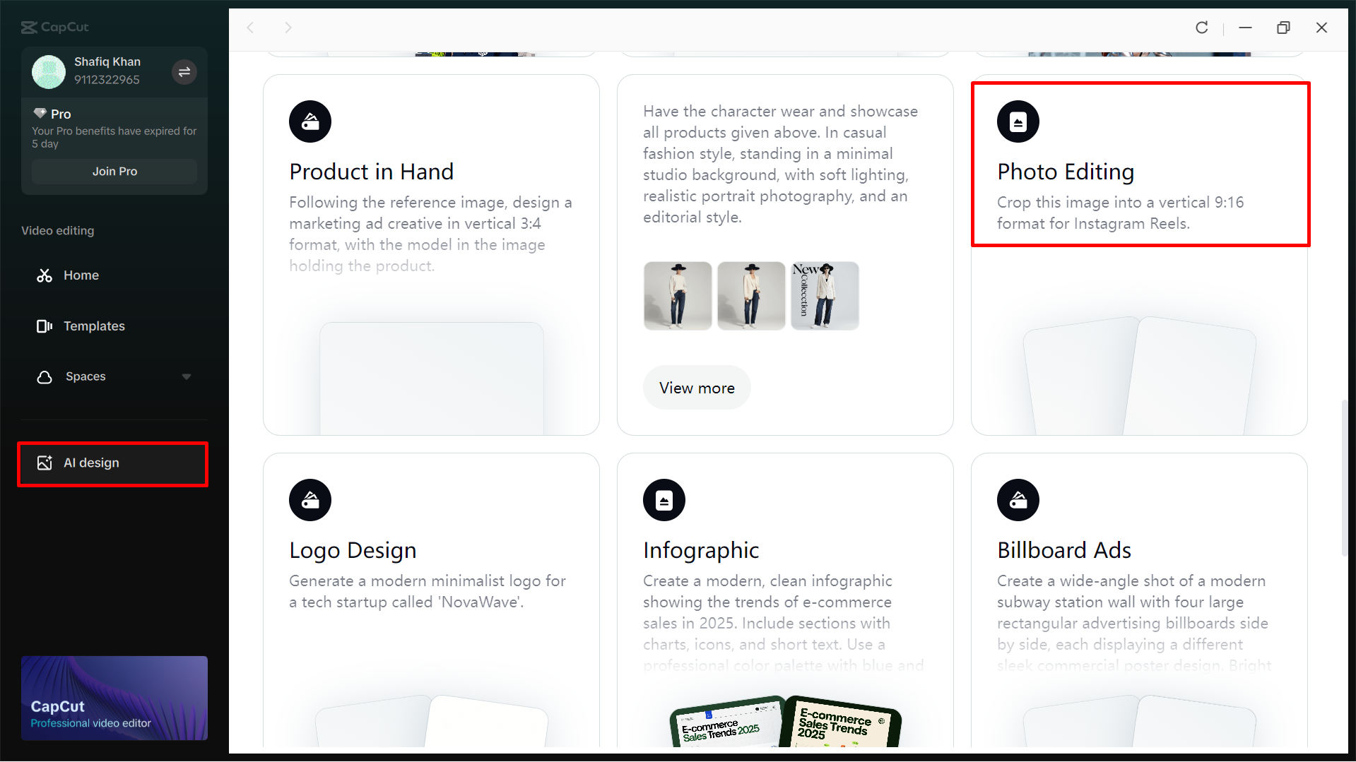 Accessing the AI design tool in CapCut